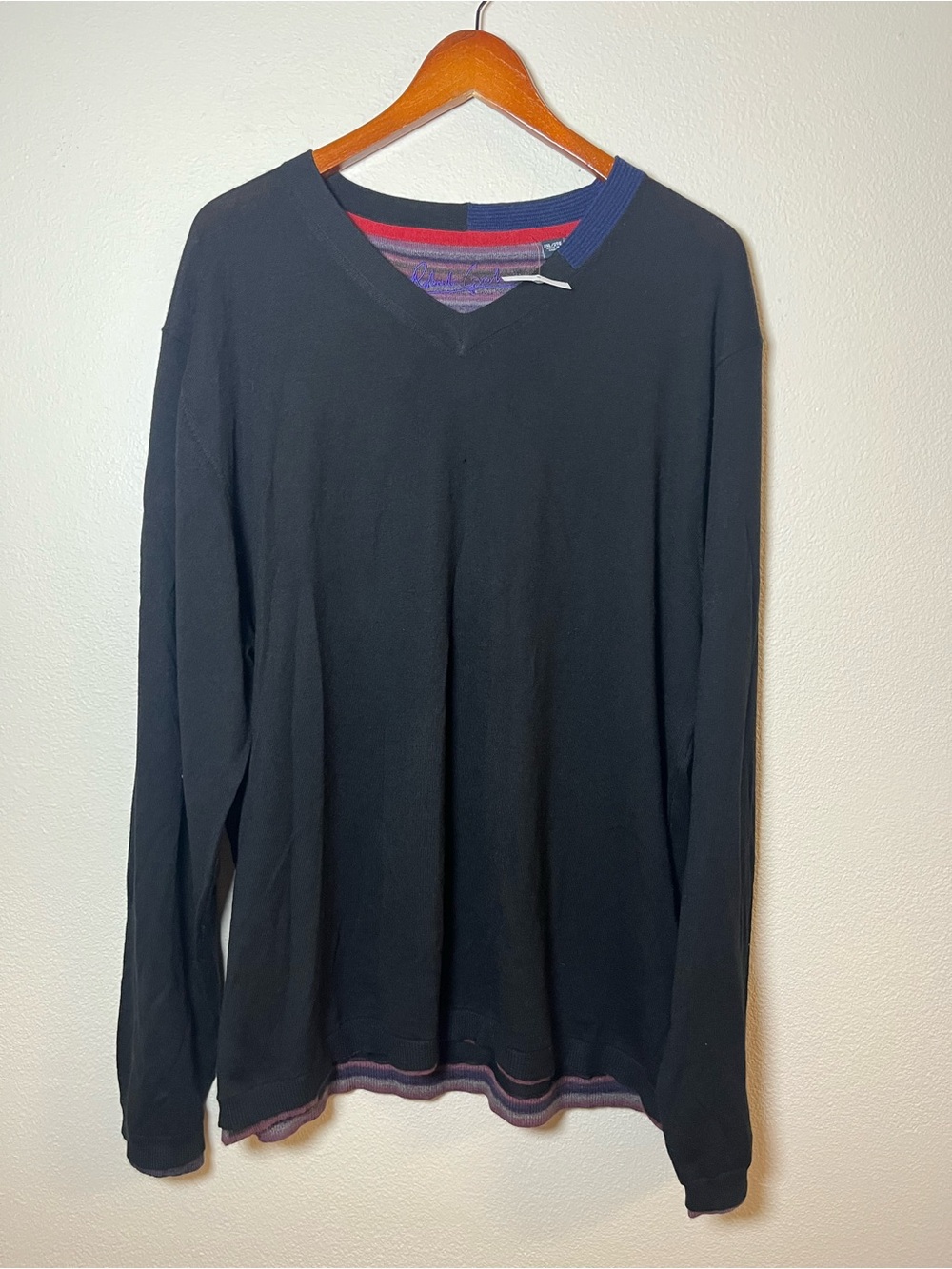 Robert Graham Black V-Neck Wool Sweater with Multicolor Stripe Interior